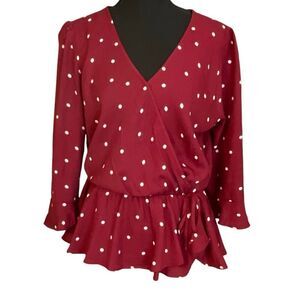 Everly Women’s Wrap Around Low cut 3/4 Sleeve Polka-Dot Blouse/Top